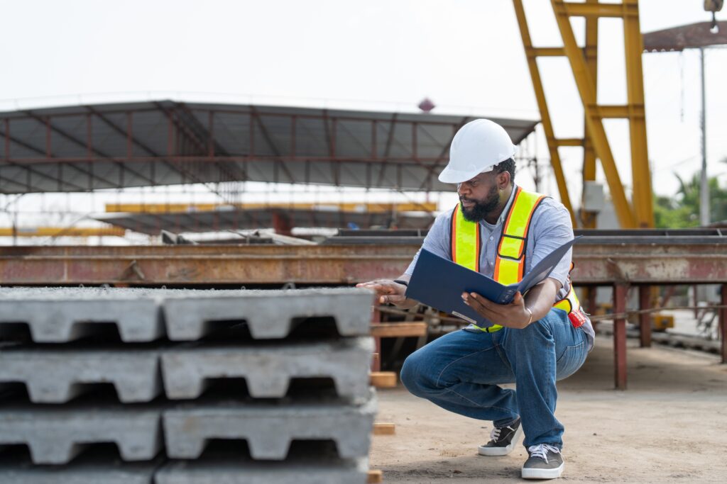 Man,Engineer,With,Document,Checking,Quality,Concrete,Panels,Floor.,Foreman